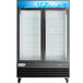 An Avantco ice merchandiser with two glass doors and a customizable panel.