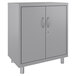 A gray Hirsh Industries steel storage cabinet with silver handles on two doors.