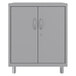 A platinum grey metal cabinet with silver handles.