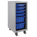 A grey storage cabinet with blue bins inside.