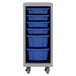 A platinum mobile storage cart with blue bins on it.