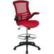 A red office chair with a black metal base and arms.
