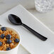 A bowl of granola with blueberries and an Eco-Products black spoon.