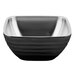 A black square stainless steel bowl with a silver rim.