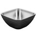 A square silver stainless steel bowl with black accents.