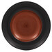 A close up of a RAK Porcelain walnut and black wide rim deep plate with a spiral design.