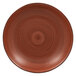 A brown porcelain plate with a spiral pattern on it.