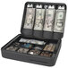A Royal Sovereign black steel cash box with paper money on top.