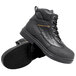 A pair of men's black Genuine Grip steel toe work boots with a yellow sole.