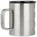 A Grizzly stainless steel camp cup with a black handle.