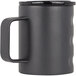 A Grizzly stainless steel camp cup with a textured charcoal grip and handle.