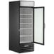 A black Beverage-Air wine refrigerator with glass doors and shelves.