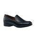 A black Shoes For Crews women's loafer with a black sole.