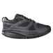 A black water-resistant athletic shoe with a mesh upper.