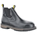 A black work boot with yellow rubber soles.