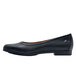 A black leather flat shoe with a black sole.