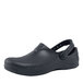A black Shoes For Crews unisex clog with a rubber sole.