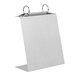 A Menu Solutions aluminum table tent with a white paper insert on a stand with top rings.