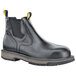 A black leather ACE work boot with yellow rubber soles.