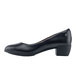 A black leather women's shoe with a heel.