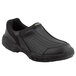 A pair of men's black leather slip-on SR Max safety shoes with rubber outsoles.