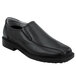 A pair of men's black leather slip on shoes with a rubber sole.