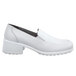 A white loafer shoe with a block heel.