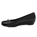 A black leather SR Max women's pump with a shiny toe and bow.