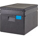 A black Cambro Cam GoBox food pan carrier with blue lid and handle.