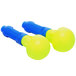 A pair of yellow and blue plastic balls with yellow foam tips.