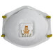 A 3M white N95 respirator with yellow straps in a white container.