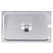 A Vollrath stainless steel rectangular pan cover with a handle.