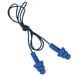 A 3M UltraFit blue earplug with a cord.