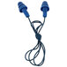 3M UltraFit blue earplugs with a blue cord attached.