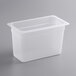 A translucent plastic 1/3 size food pan with a lid.