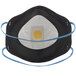 A black and white 3M P95 face mask with blue straps and a yellow circle.