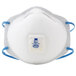 A white 3M face mask with blue straps.