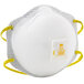 A 3M white and yellow N95 respirator mask with a white label.