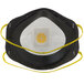 A black and white face mask with yellow straps and a yellow circle with white lines on it.