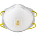 A 3M N95 white face mask with yellow straps in a white plastic container.