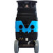 A black and blue Mytee LTD3-230 Speedster carpet extractor with wheels.