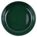 A Crow Canyon Home Stinson Forest Green Speckle Enamelware pasta plate with a rim.