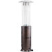 A brown Backyard Pro round portable patio heater with a glass tube top.
