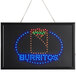 A white rectangular LED sign with "Burritos" in lights.