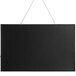 A black rectangular LED board hanging from a black chain with a black border.
