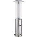 A stainless steel Backyard Pro portable patio heater with a round base and glass tube.