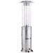 A stainless steel Backyard Pro portable patio heater with a round glass top.