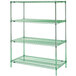 A green Metroseal 3 wire shelving unit with three shelves.