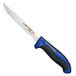 A Dexter-Russell narrow boning knife with a blue handle.