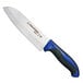 A Dexter-Russell Santoku knife with a blue handle.